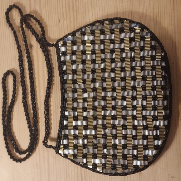 VINTAGE Beaded Shoulder Bag Clutch metallic black silver gold - Picture 1 of 8